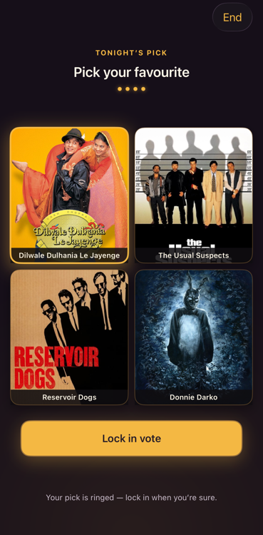 The finalists board: four matched movie posters with a Lock in vote button